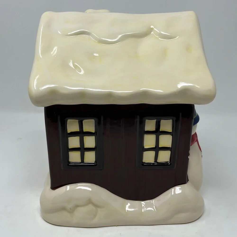 SCM Designs Snow Covered House Ceramic Cookie Jar with snowman tree clean GHA3..